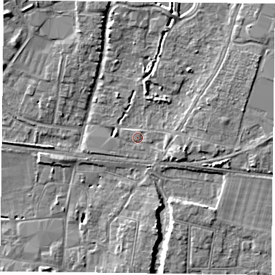 Shaded relief map of the ground around PO92LS, computed from Environment Agency LiDAR. The ground here sits at about 11 m above sea level and falls 8 m across the surrounding 800 m. Surface water reaching this point runs off ground lying to the east-south-east, 2.4 m higher.