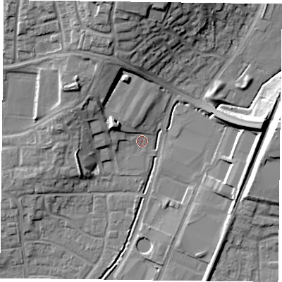 Shaded relief map of the ground around PO92LT, computed from Environment Agency LiDAR. The ground here sits at about 17 m above sea level and falls 19 m across the surrounding 800 m. Surface water reaching this point runs off ground lying to the north-north-west, 10.0 m higher.