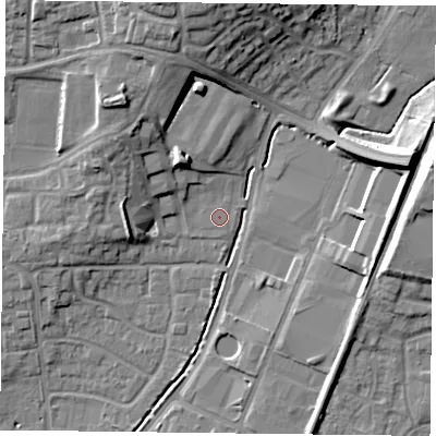 Shaded relief map of the ground around PO92LZ, computed from Environment Agency LiDAR. The ground here sits at about 17 m above sea level and falls 17 m across the surrounding 800 m. Surface water reaching this point runs off ground lying to the north-north-west, 11.5 m higher.