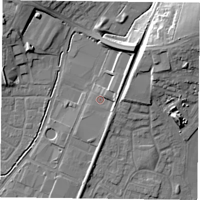 Shaded relief map of the ground around PO92NJ, computed from Environment Agency LiDAR. The ground here sits at about 19 m above sea level and falls 22 m across the surrounding 800 m. Surface water reaching this point runs off ground lying to the east, 4.2 m higher.