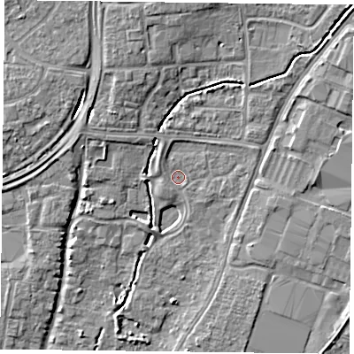 Shaded relief map of the ground around PO92XB, computed from Environment Agency LiDAR. The ground here sits at about 12 m above sea level and falls 7 m across the surrounding 800 m. Surface water reaching this point runs off ground lying to the north, 5.9 m higher.