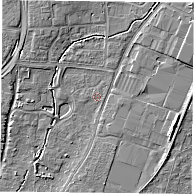 Shaded relief map of the ground around PO92XD, computed from Environment Agency LiDAR. The ground here sits at about 13 m above sea level and falls 10 m across the surrounding 800 m. Surface water reaching this point runs off ground lying to the north-east, 0.9 m higher.