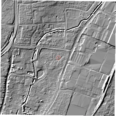 Shaded relief map of the ground around PO92XE, computed from Environment Agency LiDAR. The ground here sits at about 13 m above sea level and falls 10 m across the surrounding 800 m. Surface water reaching this point runs off ground lying to the north-east, 1.5 m higher.