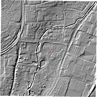 Shaded relief map of the ground around PO92XF, computed from Environment Agency LiDAR. The ground here sits at about 13 m above sea level and falls 8 m across the surrounding 800 m. Surface water reaching this point runs off ground lying to the east-north-east, 1.8 m higher.