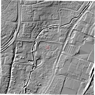 Shaded relief map of the ground around PO92XG, computed from Environment Agency LiDAR. The ground here sits at about 13 m above sea level and falls 10 m across the surrounding 800 m. Surface water reaching this point runs off ground lying to the east-north-east, 1.4 m higher.