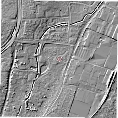 Shaded relief map of the ground around PO92XQ, computed from Environment Agency LiDAR. The ground here sits at about 13 m above sea level and falls 10 m across the surrounding 800 m. Surface water reaching this point runs off ground lying to the north-east, 1.5 m higher.