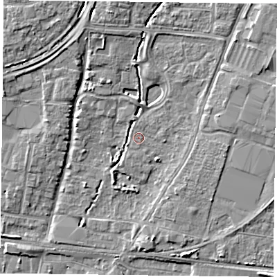 Shaded relief map of the ground around PO92YA, computed from Environment Agency LiDAR. The ground here sits at about 12 m above sea level and falls 7 m across the surrounding 800 m. Surface water reaching this point runs off ground lying to the north-east, 0.7 m higher.