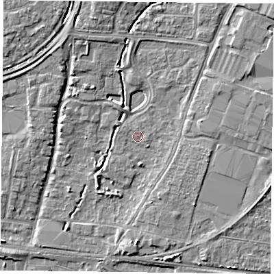 Shaded relief map of the ground around PO92YH, computed from Environment Agency LiDAR. The ground here sits at about 12 m above sea level and falls 7 m across the surrounding 800 m. Surface water reaching this point runs off ground lying to the east, 1.3 m higher.