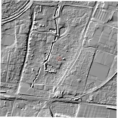 Shaded relief map of the ground around PO92YJ, computed from Environment Agency LiDAR. The ground here sits at about 12 m above sea level and falls 7 m across the surrounding 800 m. Surface water reaching this point runs off ground lying to the east-north-east, 1.6 m higher.