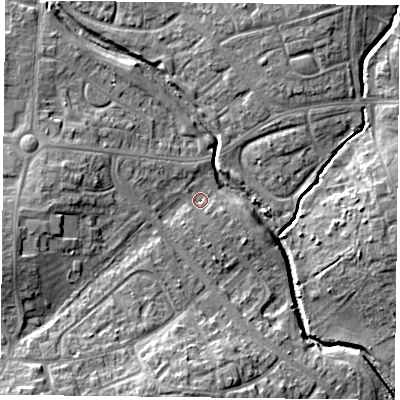 Shaded relief map of the ground around PO93AR, computed from Environment Agency LiDAR. The ground here sits at about 9 m above sea level and falls 12 m across the surrounding 800 m. Surface water reaching this point runs off ground lying to the west, 6.4 m higher.