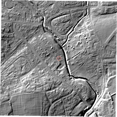 Shaded relief map of the ground around PO93AS, computed from Environment Agency LiDAR. The ground here sits at about 9 m above sea level and falls 13 m across the surrounding 800 m. Surface water reaching this point runs off ground lying to the south-west, 9.3 m higher.