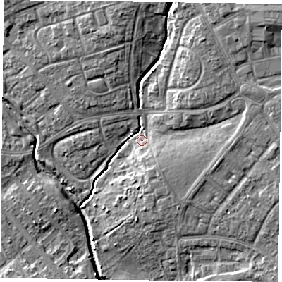Shaded relief map of the ground around PO93BL, computed from Environment Agency LiDAR. The ground here sits at about 10 m above sea level and falls 12 m across the surrounding 800 m. Surface water reaching this point runs off ground lying to the north-north-east, 7.3 m higher.