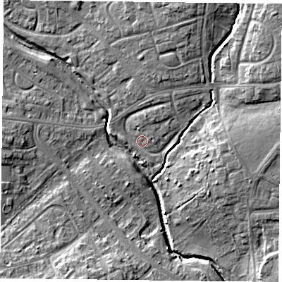 Shaded relief map of the ground around PO93BX, computed from Environment Agency LiDAR. The ground here sits at about 9 m above sea level and falls 12 m across the surrounding 800 m. Surface water reaching this point runs off ground lying to the north, 4.6 m higher.