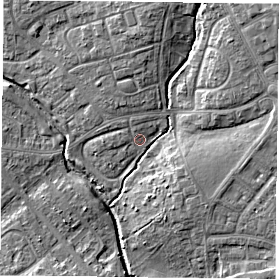 Shaded relief map of the ground around PO93BY, computed from Environment Agency LiDAR. The ground here sits at about 10 m above sea level and falls 12 m across the surrounding 800 m. Surface water reaching this point runs off ground lying to the north-west, 1.6 m higher.
