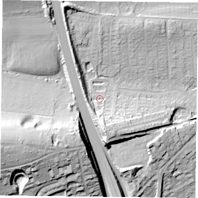 Shaded relief map of the ground around PO93DQ, computed from Environment Agency LiDAR. The ground here sits at about 25 m above sea level and falls 48 m across the surrounding 800 m. Surface water reaching this point runs off ground lying to the south, 10.8 m higher.