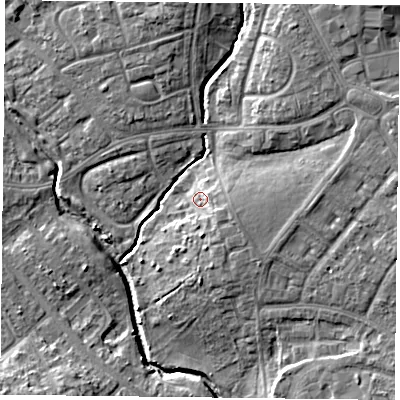 Shaded relief map of the ground around PO93EN, computed from Environment Agency LiDAR. The ground here sits at about 11 m above sea level and falls 12 m across the surrounding 800 m. Surface water reaching this point runs off ground lying to the south-east, 3.6 m higher.