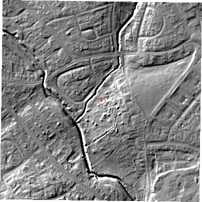 Shaded relief map of the ground around PO93EW, computed from Environment Agency LiDAR. The ground here sits at about 9 m above sea level and falls 12 m across the surrounding 800 m. Surface water reaching this point runs off ground lying to the east-south-east, 4.5 m higher.