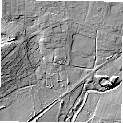Shaded relief map of the ground around PO93JG, computed from Environment Agency LiDAR. The ground here sits at about 11 m above sea level and falls 24 m across the surrounding 800 m. Surface water reaching this point runs off ground lying to the west-north-west, 3.0 m higher.