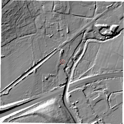 Shaded relief map of the ground around PO93JH, computed from Environment Agency LiDAR. The ground here sits at about 4 m above sea level and falls 25 m across the surrounding 800 m. Surface water reaching this point runs off ground lying to the south-west, 2.2 m higher.