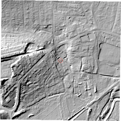 Shaded relief map of the ground around PO93JL, computed from Environment Agency LiDAR. The ground here sits at about 9 m above sea level and falls 36 m across the surrounding 800 m. Surface water reaching this point runs off ground lying to the west, 29.0 m higher.