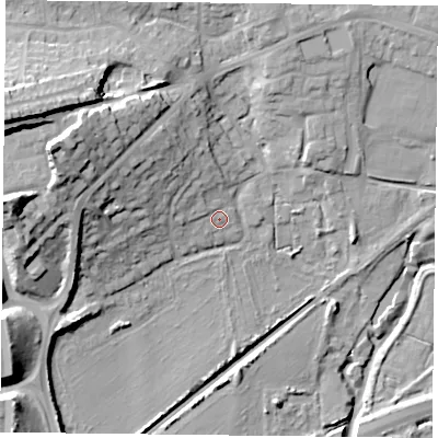 Shaded relief map of the ground around PO93LH, computed from Environment Agency LiDAR. The ground here sits at about 10 m above sea level and falls 37 m across the surrounding 800 m. Surface water reaching this point runs off ground lying to the west-north-west, 8.5 m higher.