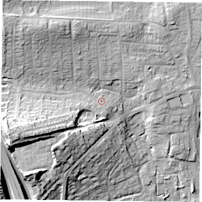 Shaded relief map of the ground around PO93NP, computed from Environment Agency LiDAR. The ground here sits at about 16 m above sea level and falls 38 m across the surrounding 800 m. Surface water reaching this point runs off ground lying to the south-west, 2.0 m higher.