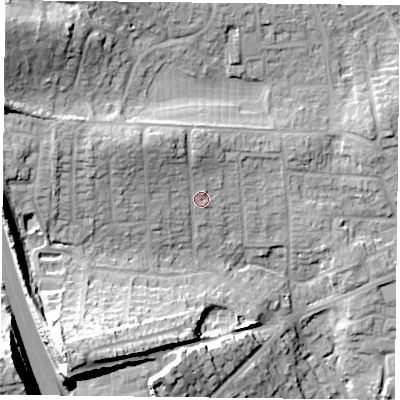 Shaded relief map of the ground around PO93NR, computed from Environment Agency LiDAR. The ground here sits at about 20 m above sea level and falls 41 m across the surrounding 800 m. Surface water reaching this point runs off ground lying to the north-west, 7.4 m higher.