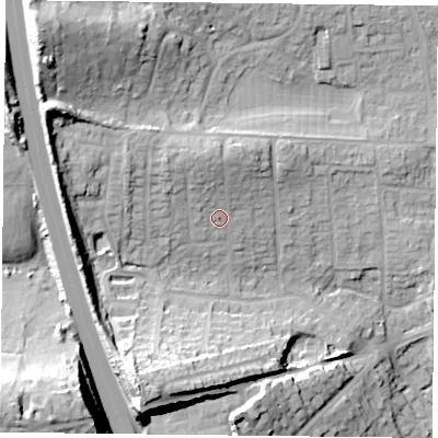 Shaded relief map of the ground around PO93NX, computed from Environment Agency LiDAR. The ground here sits at about 23 m above sea level and falls 45 m across the surrounding 800 m. Surface water reaching this point runs off ground lying to the north-north-west, 6.8 m higher.