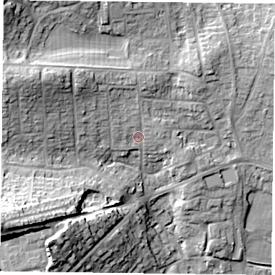 Shaded relief map of the ground around PO93PL, computed from Environment Agency LiDAR. The ground here sits at about 16 m above sea level and falls 34 m across the surrounding 800 m. Surface water reaching this point runs off ground lying to the north-west, 6.1 m higher.