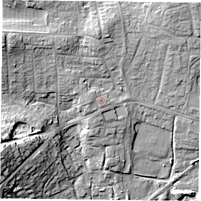 Shaded relief map of the ground around PO93PT, computed from Environment Agency LiDAR. The ground here sits at about 16 m above sea level and falls 25 m across the surrounding 800 m. Surface water reaching this point runs off ground lying to the west, 1.1 m higher.