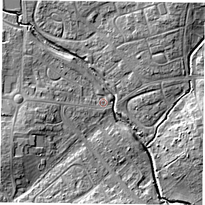 Shaded relief map of the ground around PO93SA, computed from Environment Agency LiDAR. The ground here sits at about 10 m above sea level and falls 12 m across the surrounding 800 m. Surface water reaching this point runs off ground lying to the west, 4.6 m higher.