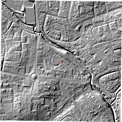 Shaded relief map of the ground around PO94AA, computed from Environment Agency LiDAR. The ground here sits at about 11 m above sea level and falls 12 m across the surrounding 800 m. Surface water reaching this point runs off ground lying to the south-west, 3.1 m higher.
