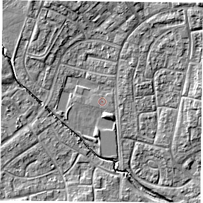 Shaded relief map of the ground around PO94BU, computed from Environment Agency LiDAR. The ground here sits at about 13 m above sea level and falls 14 m across the surrounding 800 m. The ground contributing surface water to this point lies to the east-north-east.
