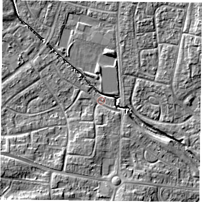 Shaded relief map of the ground around PO94BX, computed from Environment Agency LiDAR. The ground here sits at about 11 m above sea level and falls 11 m across the surrounding 800 m. Surface water reaching this point runs off ground lying to the west-south-west, 9.3 m higher.