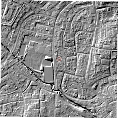 Shaded relief map of the ground around PO94DD, computed from Environment Agency LiDAR. The ground here sits at about 13 m above sea level and falls 13 m across the surrounding 800 m. Surface water reaching this point runs off ground lying to the north, 1.6 m higher.