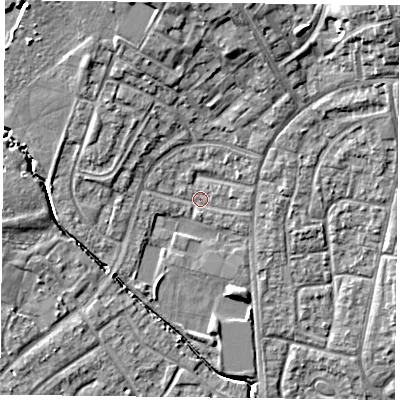 Shaded relief map of the ground around PO94DG, computed from Environment Agency LiDAR. The ground here sits at about 13 m above sea level and falls 17 m across the surrounding 800 m. Surface water reaching this point runs off ground lying to the north, 8.9 m higher.