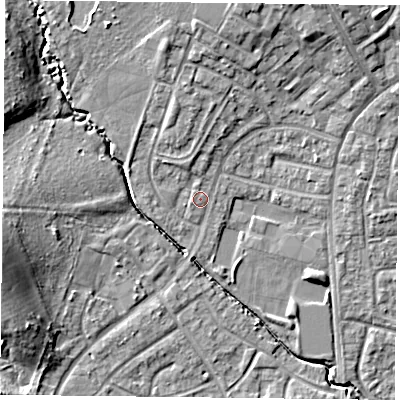 Shaded relief map of the ground around PO94DL, computed from Environment Agency LiDAR. The ground here sits at about 13 m above sea level and falls 14 m across the surrounding 800 m. Surface water reaching this point runs off ground lying to the west-south-west, 11.9 m higher.