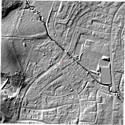 Shaded relief map of the ground around PO94DP, computed from Environment Agency LiDAR. The ground here sits at about 14 m above sea level and falls 16 m across the surrounding 800 m. Surface water reaching this point runs off ground lying to the south-west, 11.7 m higher.