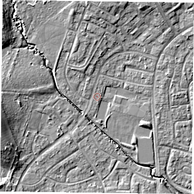 Shaded relief map of the ground around PO94DR, computed from Environment Agency LiDAR. The ground here sits at about 13 m above sea level and falls 14 m across the surrounding 800 m. Surface water reaching this point runs off ground lying to the west-south-west, 10.9 m higher.
