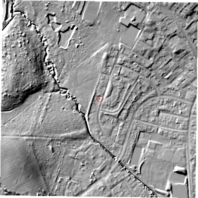 Shaded relief map of the ground around PO94DY, computed from Environment Agency LiDAR. The ground here sits at about 14 m above sea level and falls 15 m across the surrounding 800 m. Surface water reaching this point runs off ground lying to the north-north-east, 3.6 m higher.