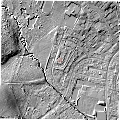 Shaded relief map of the ground around PO94DZ, computed from Environment Agency LiDAR. The ground here sits at about 15 m above sea level and falls 15 m across the surrounding 800 m. Surface water reaching this point runs off ground lying to the north-north-east, 1.3 m higher.