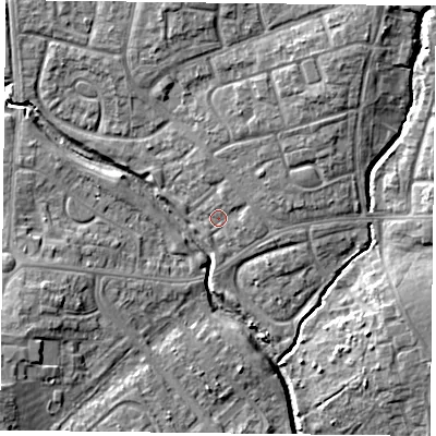 Shaded relief map of the ground around PO94PP, computed from Environment Agency LiDAR. The ground here sits at about 11 m above sea level and falls 10 m across the surrounding 800 m. Surface water reaching this point runs off ground lying to the north-north-west, 2.0 m higher.