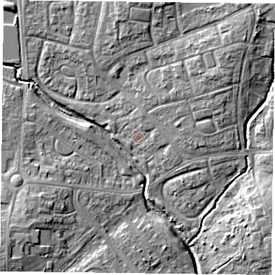Shaded relief map of the ground around PO94PR, computed from Environment Agency LiDAR. The ground here sits at about 11 m above sea level and falls 11 m across the surrounding 800 m. Surface water reaching this point runs off ground lying to the north-north-east, 1.9 m higher.