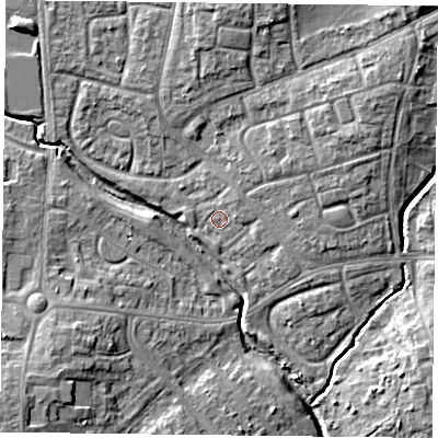 Shaded relief map of the ground around PO94PS, computed from Environment Agency LiDAR. The ground here sits at about 11 m above sea level and falls 11 m across the surrounding 800 m. Surface water reaching this point runs off ground lying to the north-east, 1.9 m higher.