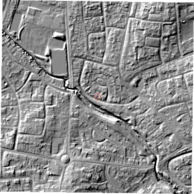 Shaded relief map of the ground around PO94PT, computed from Environment Agency LiDAR. The ground here sits at about 11 m above sea level and falls 11 m across the surrounding 800 m. Surface water reaching this point runs off ground lying to the north-north-east, 4.2 m higher.
