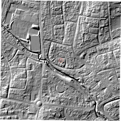Shaded relief map of the ground around PO94PU, computed from Environment Agency LiDAR. The ground here sits at about 11 m above sea level and falls 11 m across the surrounding 800 m. Surface water reaching this point runs off ground lying to the north-north-east, 1.9 m higher.