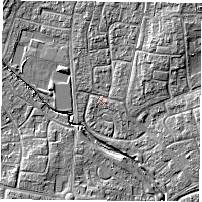Shaded relief map of the ground around PO94PX, computed from Environment Agency LiDAR. The ground here sits at about 12 m above sea level and falls 13 m across the surrounding 800 m. Surface water reaching this point runs off ground lying to the north-north-east, 4.8 m higher.