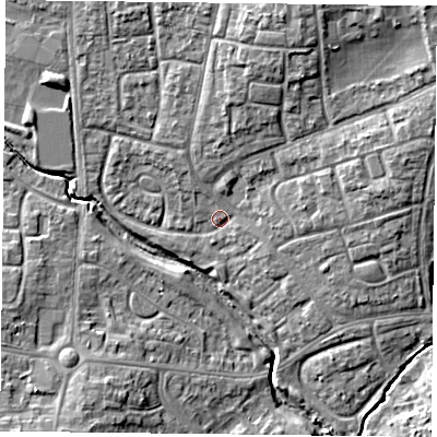 Shaded relief map of the ground around PO94RS, computed from Environment Agency LiDAR. The ground here sits at about 11 m above sea level and falls 11 m across the surrounding 800 m. Surface water reaching this point runs off ground lying to the north-east, 8.3 m higher.