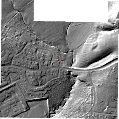 Shaded relief map of the ground around PO95EN, computed from Environment Agency LiDAR. The ground here sits at about 18 m above sea level and falls 27 m across the surrounding 800 m. Surface water reaching this point runs off ground lying to the east, 22.0 m higher.