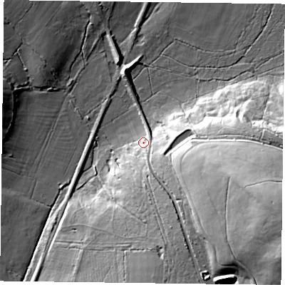 Shaded relief map of the ground around PO95ND, computed from Environment Agency LiDAR. The ground here sits at about 27 m above sea level and falls 45 m across the surrounding 800 m. Surface water reaching this point runs off ground lying to the east-south-east, 34.3 m higher.